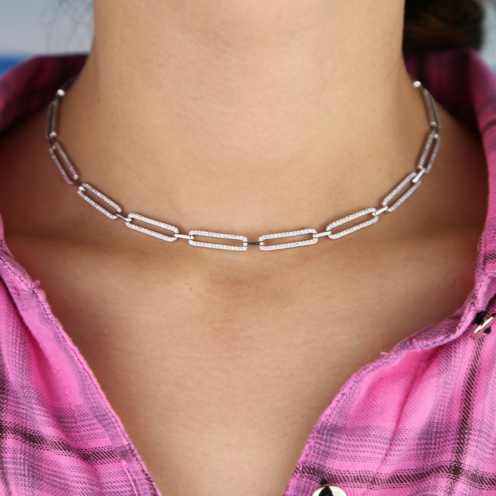Iced out Pin link charm tennis chain choker necklace for women Gold Rock Hiphop curb cuban chain jewelry