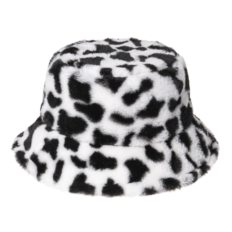 Winter Warm Bucket Hat Fluffy Plush Thick Fisherman Caps Fashion Cow Print Soft Autumn Sun Hat Female Basin Chapeau