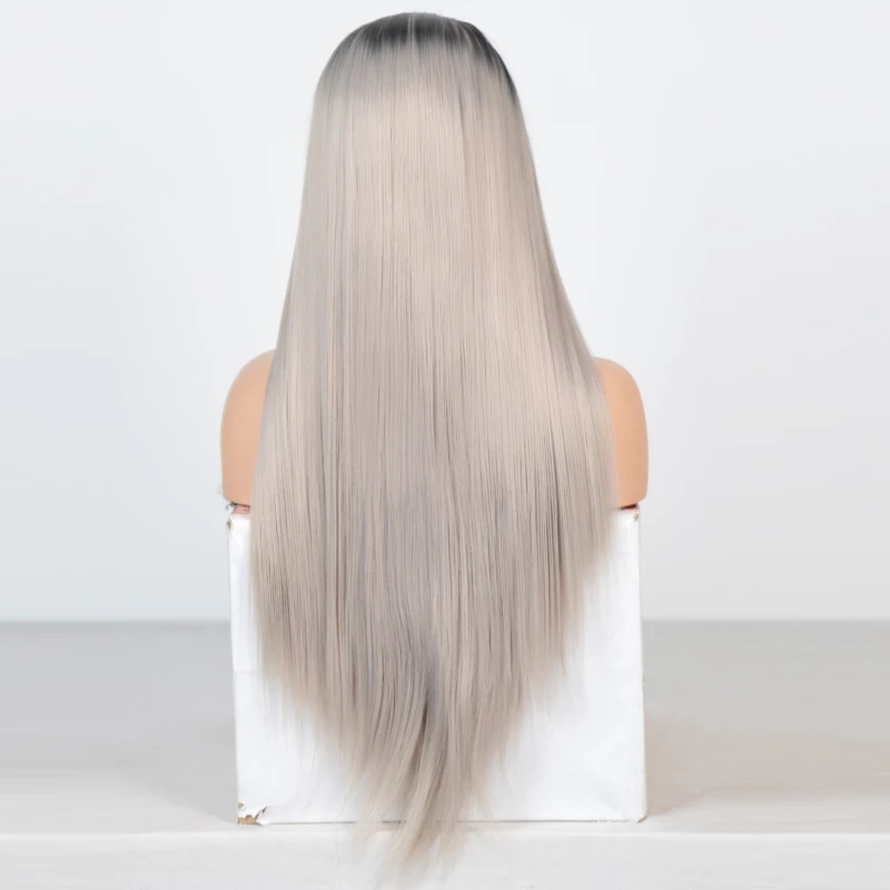 Ombre Silver Grey Wig Long Straight Hair Synthetic Lace Front Wig Heat Resistant Fiber Hair Cosplay Wigs for Women