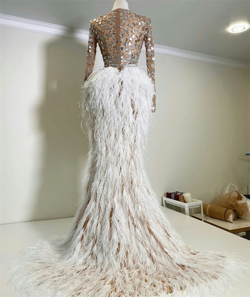 Luxury Hi Lo Evening Dresses Fashion Feather Sequins Crystal Ruched Prom Dresses Long Sleeves Sweep Train Custom Made Formal Party Wear