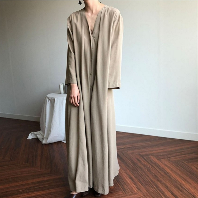 Colorfaith New Women Autumn Winter Dresses Lace Up Casual Buttons Fashionable V-neck Vintage Oversize Long Dress DR1177 201008