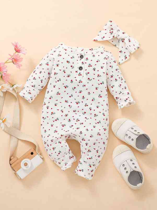 Baby Ditsy Floral Quarter Button Jumpsuit With Headband SHE