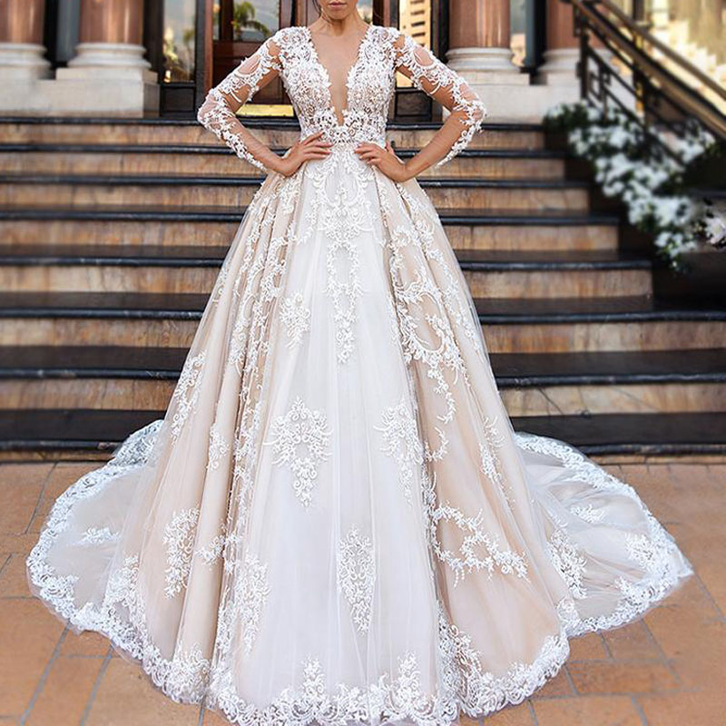 A-Line Long Sleeves Vestido De Noiva Wedding Dresses Beaded Lace Appliques Sexy V-neck Princess Bride Gowns