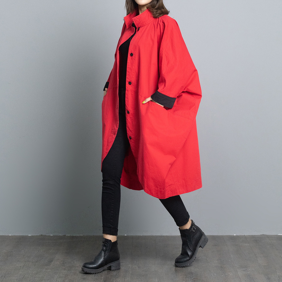 EWQ new spring stand collar batwing sleeves single breasted contrast colors big size jacket female windbreaker WK51207XL 201102