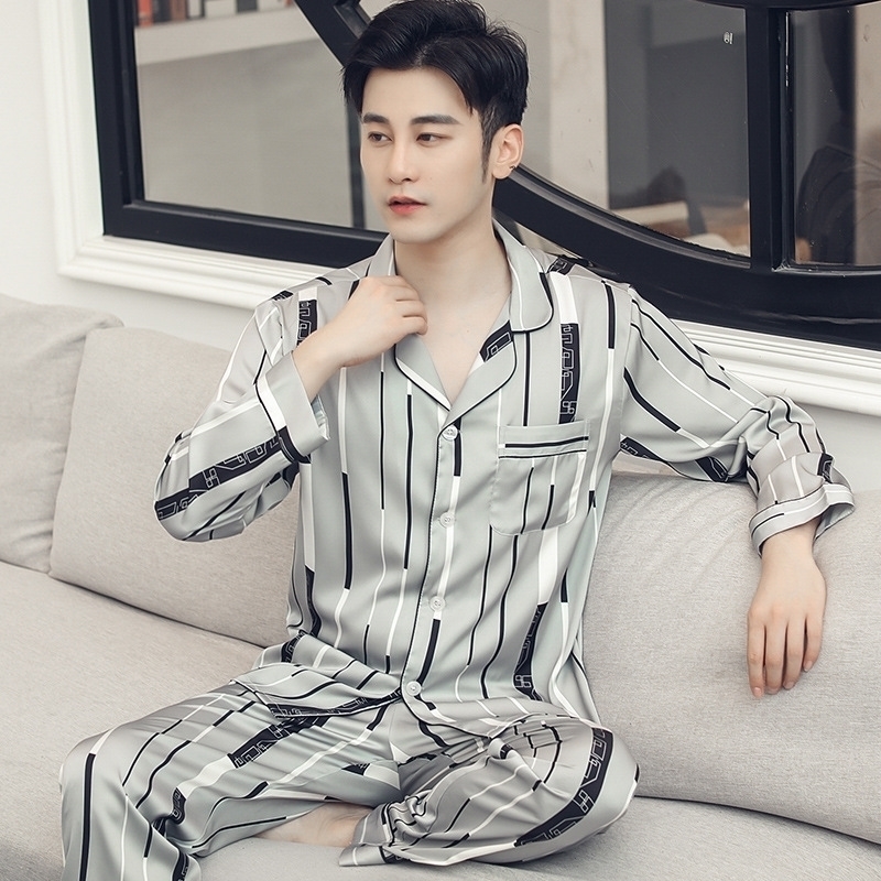 Silk Pyjama Set Men Sleepwear Satin Pajamas Unit Autumn Spring Home Suit Printed Lounge Pants Nightgown Sleep Clothes XXXL 201109