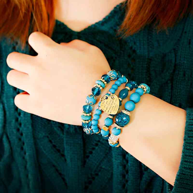 Tophanqi 4pcs/set Fashion Gold Metal Heart Crystal Beads Black Stone Beaded Bracelets Set for Women Boho Style Jewelry Gifts