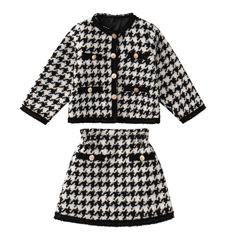 Children Winter Baby Girl Clothes Woolen Skirt Set Thicken Cardigan Plaid Coat+Skirts Two Piece Girls Outfits Fashion Kids SuitX1019