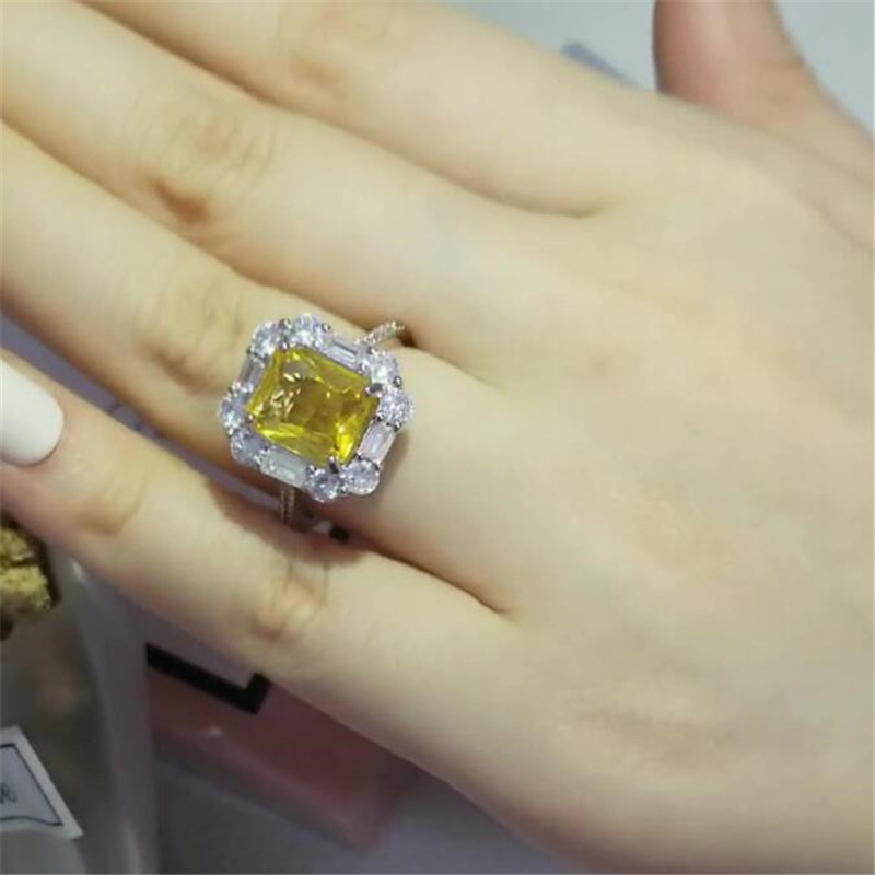2022 Ins Top Sell Wedding Rings Luxury Jewelry 925 Sterling Silver Princess Cut Yellow Topaz CZ Diamond Gemstones Eternity Women Engagement Band Ring 