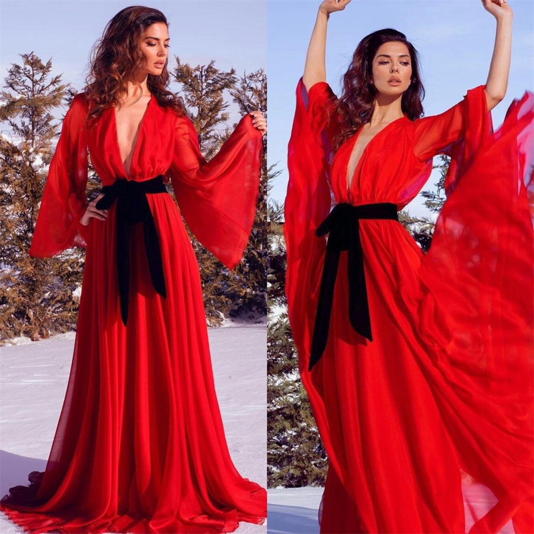 Red Chiffon Maternity Women Dresses Prom Gowns V Neck Photo Shoot Lady Sleepwear Bathrobe Sheer Nightgown Bridesmaid Shawel