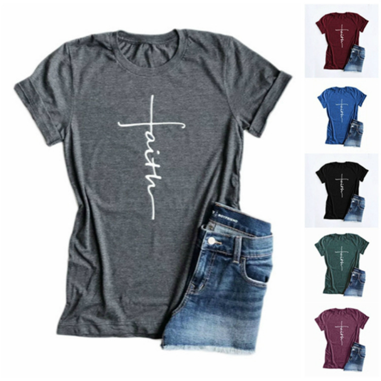 Womens Designer Cross Faith Lightning Print T-shirt Short Sleeve Blouses Crew Neck Leopard T-shirt Blouse Shirts Women Tops Tee S-2XL