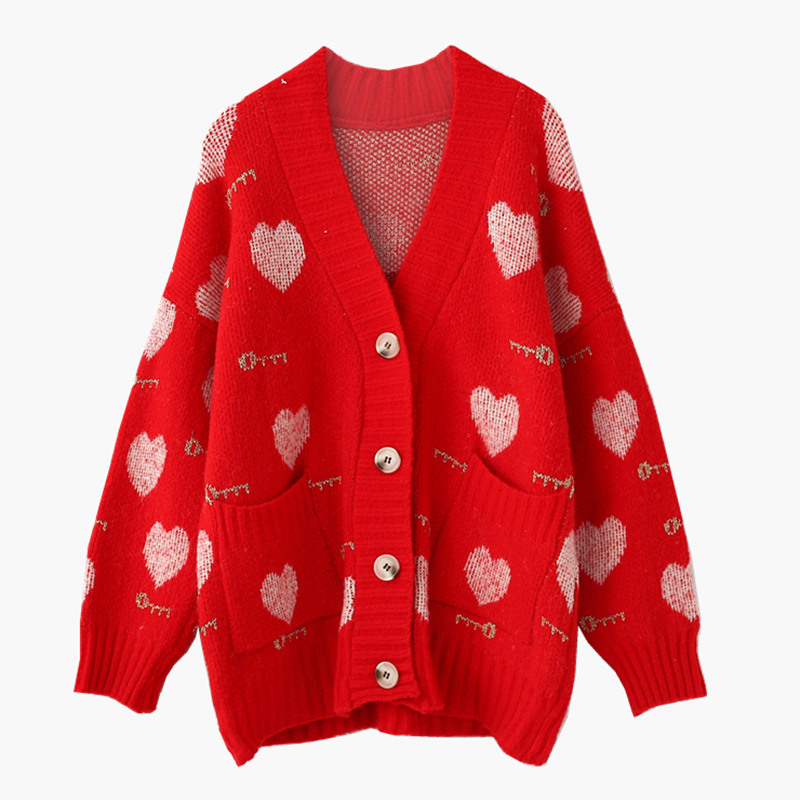 AZYT Autumn Winter Women's Sweater Coat Sweet Heart Print Oversize Knit Female Cardigan Harajuku Loose V Neck Knitwear Tops 201031