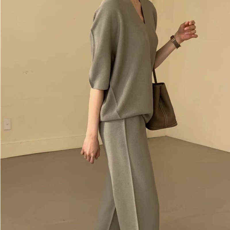 Autumn Korean Fashion Casual Knitted Two Piece Set Women Loose Pullover Sweater Tops + Wide Leg Pants Suits Knitwear 2 220114