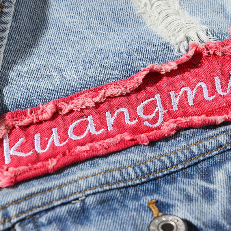 Letter Embroidery Patch Mens Denim Jacket Blue Washed Ripped Streetwear Jeans Jacket Autumn New Cotton Outwear Men R2354 T200502
