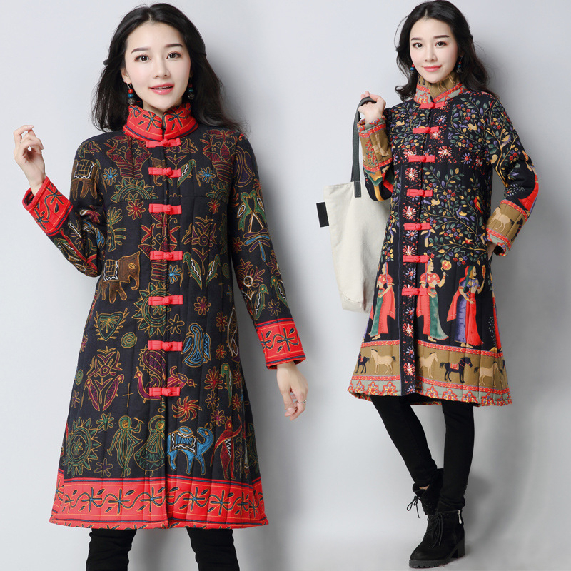 Big Size Women Winter Cotton Linen Ethnic Print Buttons Long Coat Lady's National Style jacket Stand Collar Female Vintage Coat T200212
