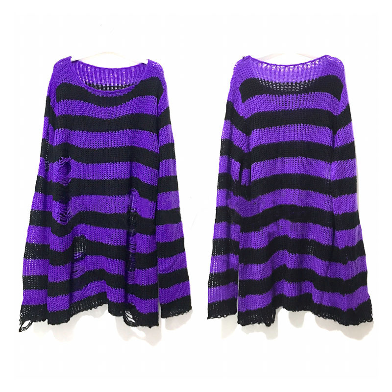Punk Gothic Long Unisex Sweater Summer Women Striped Cool Hollow Out Hole Broken Jumper Loose Rock Thin Dark Streetwear Top 201017
