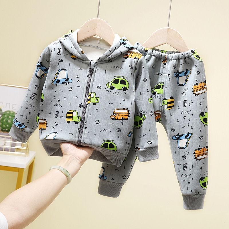 Children Spring Autumn Sports Clothes Set Boys Girls Plus Fleece Hoodies Pants Outfit Baby Kids Cardigan Jacket Clothing SetX1019