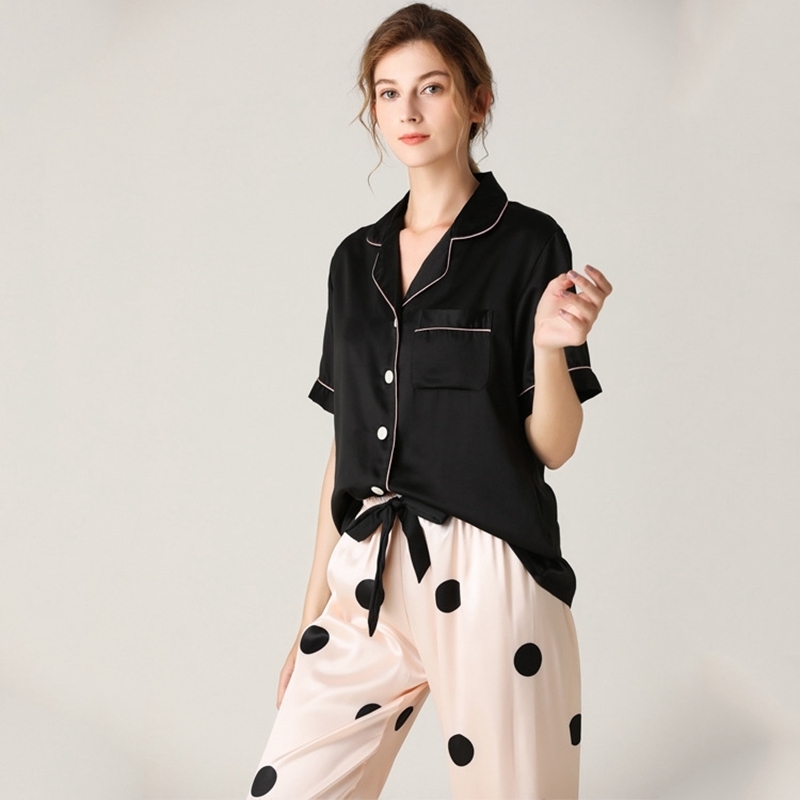 JULY'S SONG Soft Faux Silk Pajamas For Women Short Sleeve Sleepwear Lapel Collar Homewear Dot Striped Female Pyjamas Nightwear 201027