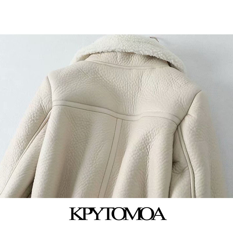 KPYTOMOA Women Fashion Thick Warm Winter Fur Faux Leather Cropped Jacket Coat Vintage Long Sleeve Female Outerwear Chic Tops