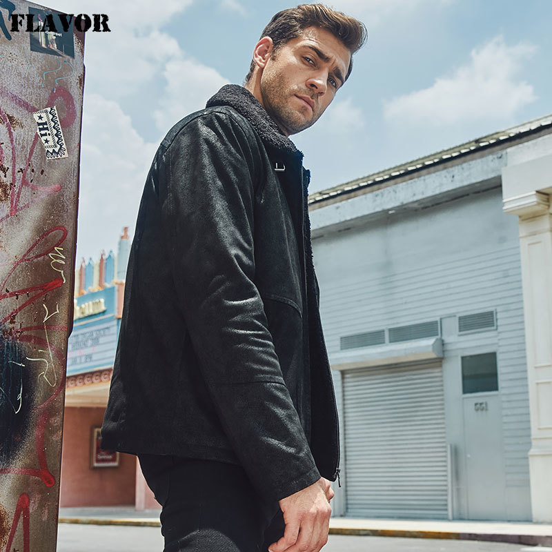 FLAVOR Men's Genuine Leather Motorcycle Jacket Pigskin with Faux Shearling Real Leather Jacket Bomber Coat Men 201127