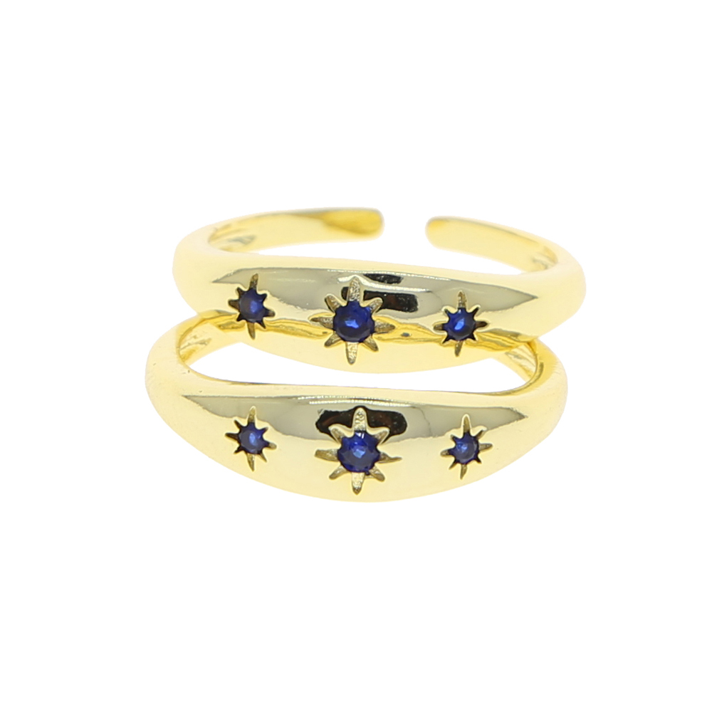 2024 Christmas Gift Fashion Women Girl Jewelry 3 Stone Blue CZ Cubic Zirconia Open Starburst Star Signet Ring
