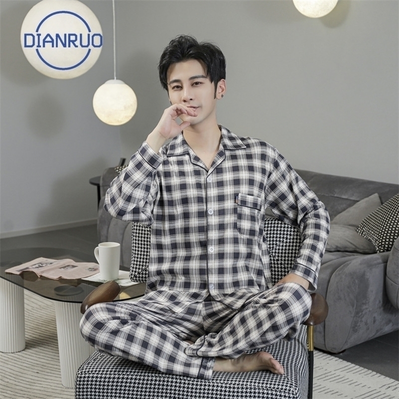 DIANRUO New Autumn Winter Men's Pajamas Korean Double Knitted Cotton Long Sleeve Home Wear Set Mens Plaid Sleepwear Q380 201113