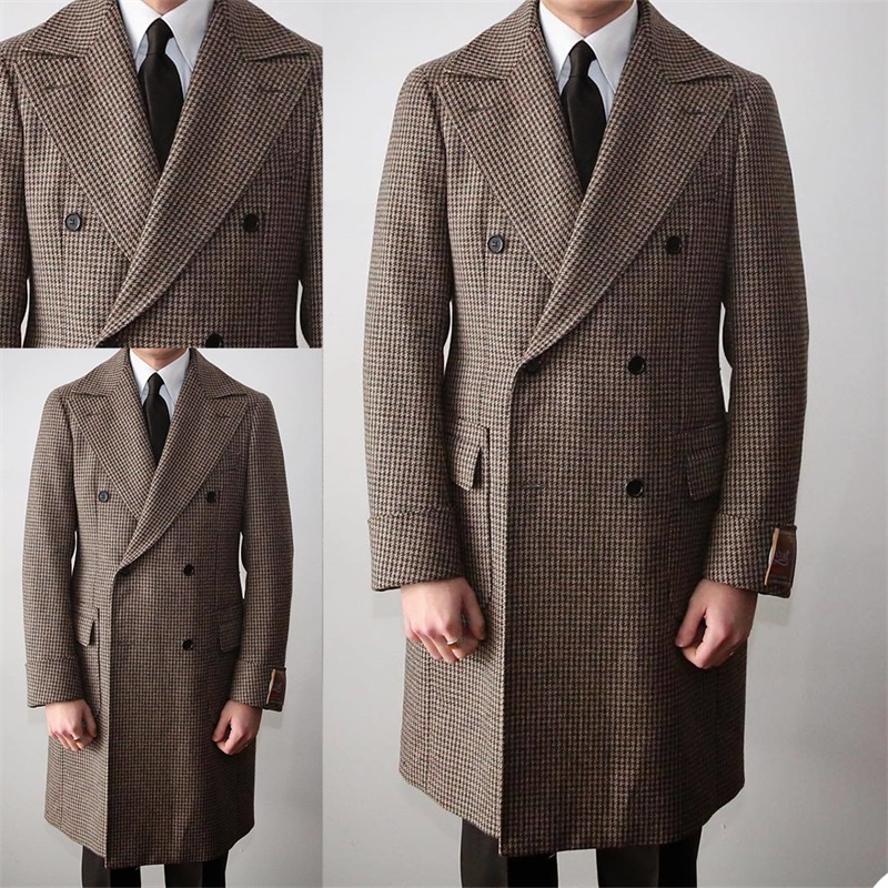 British Style Men Suits Houndstooth Custom Made Windbreaker Double Breasted Tuxedos Peaked Lapel Blazer Business Long Coat