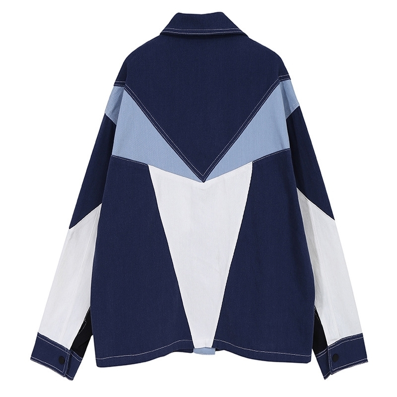 EAM Loose Fit Blue Conrtast Color Big Size Denim Jacket Lapel Long Sleeve Women Coat Fashion Spring Autumn 1DB903 201023