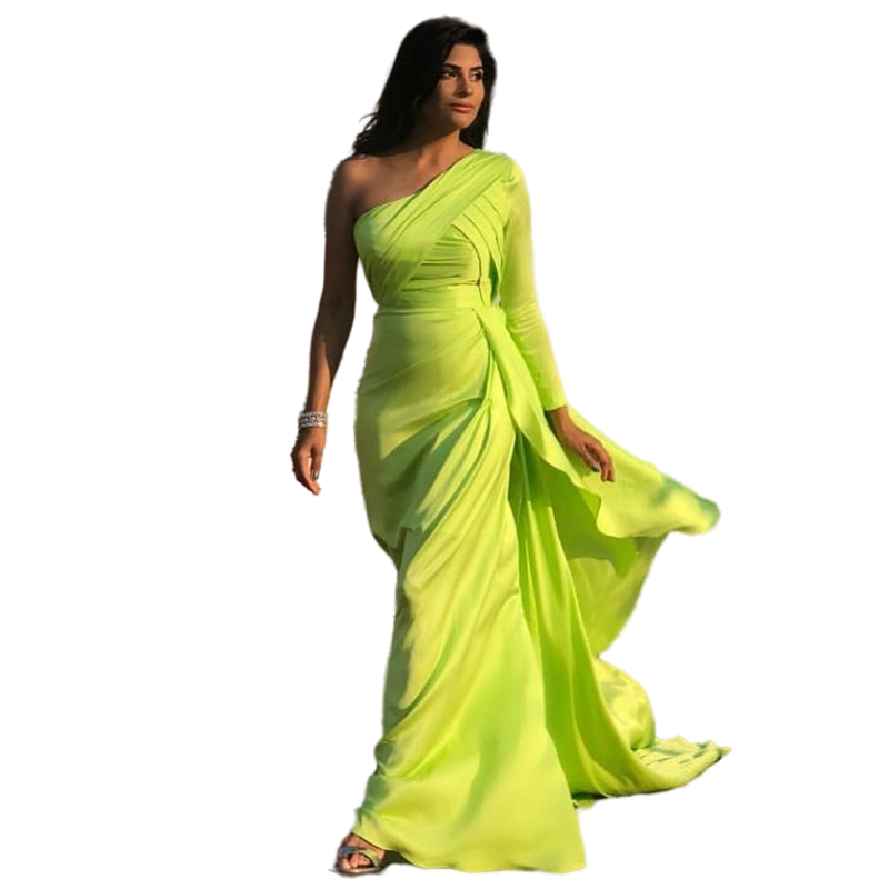 Elegant Arabic Dubai Lemon Green Long Evening Dresses For Women One Shoulder Silk Satin Mermaid Formal Party Gowns Sweep Train Prom Dress