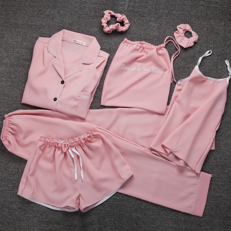 Kawaii ladies Sleepwear 7 Pieces Set Pyjama pink satin silk sexy pajamas Sets soft sweet cute Nightwear gifts home clothing 210203