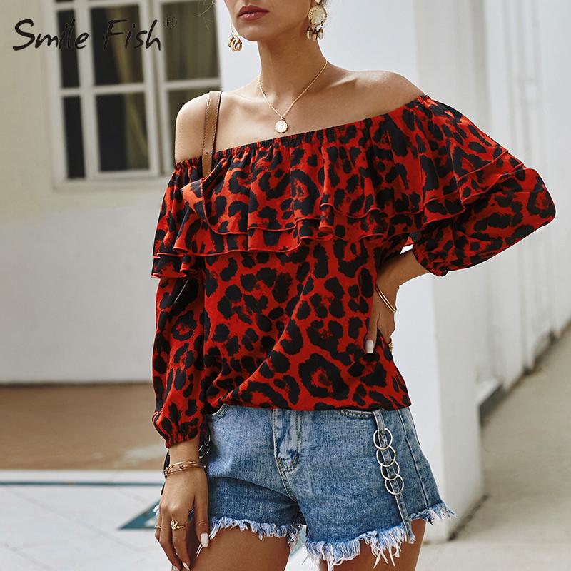

Slash Neck Ruffles Women Blouse Three Quarter Sleeve Fashion Off Shoulder Chiffon Shirts Leopard Printed Blusas Streetwear G1187, Khaki