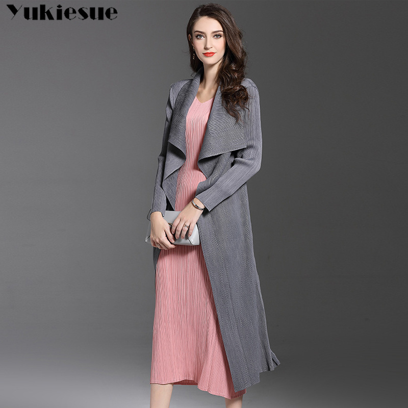 Spring Thin Windproof Outerwear Women Trench Coats pleated Long Sleeve Open Front Elegant Office Work Long Duster Coat Cardigan 201031