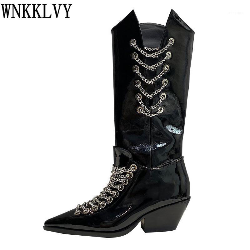 Boots Metal Chain Cut Outs Knee High Women Pointed Toe Patent Leather Chunky Mid Heel Shoes Runway Western Knight Long Booties1, Black
Boots Metal Chain Cut Outs Knee High Women Pointed Toe Patent Leather Chunky Mid Heel Shoes Runway Western Knight Long Booties1, Black
