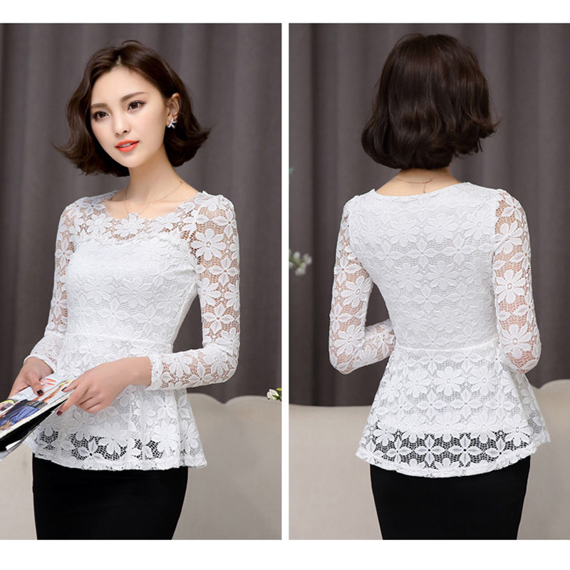 New Spring Blusas Top Flowers White Lace Blouse Women Slim Long Sleeve Shirt Female Vintage Ruffle Top Chemise Femme 817C5 201125