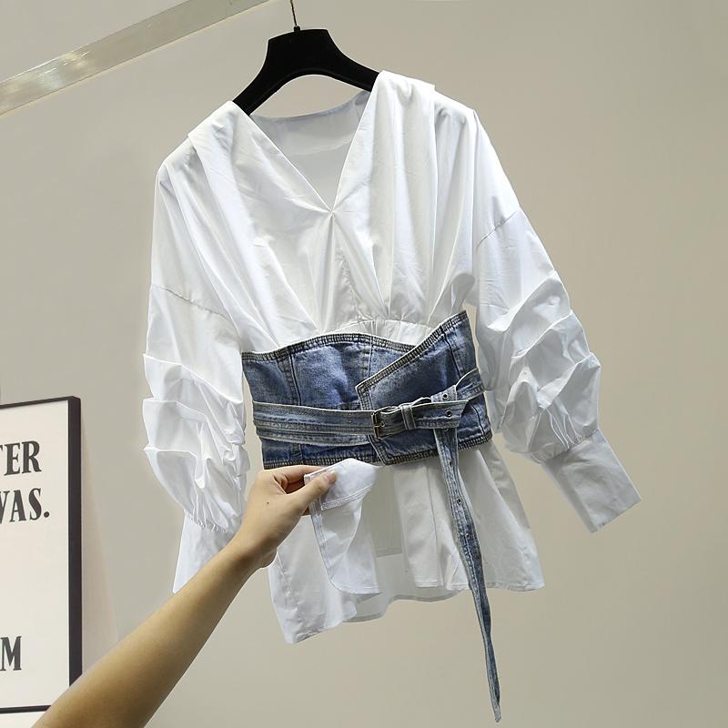 Fashion Pleated Lantern Sleeve V-neck Slim-Fit Shirt + Denim Waistband Two-Piece Design Female Autumn Top Blouse Blusas Tops, White
Fashion Pleated Lantern Sleeve V-neck Slim-Fit Shirt + Denim Waistband Two-Piece Design Female Autumn Top Blouse Blusas Tops, White