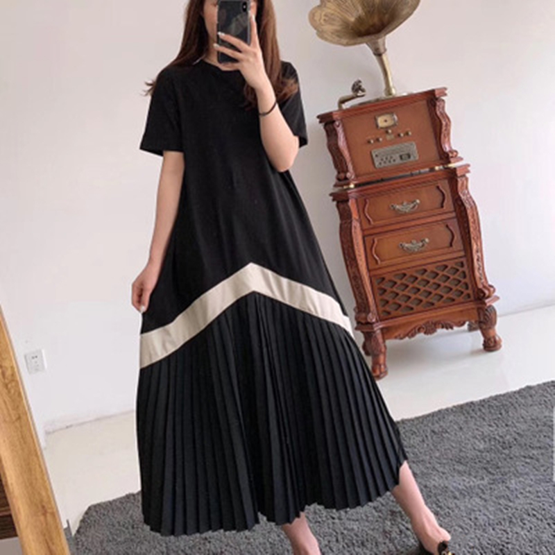 REALEFT Women Casual Pleated Long Dresses Short Sleeve O-Neck High Waist Color Patchwork Striped Print Dresses for Ladies T200416