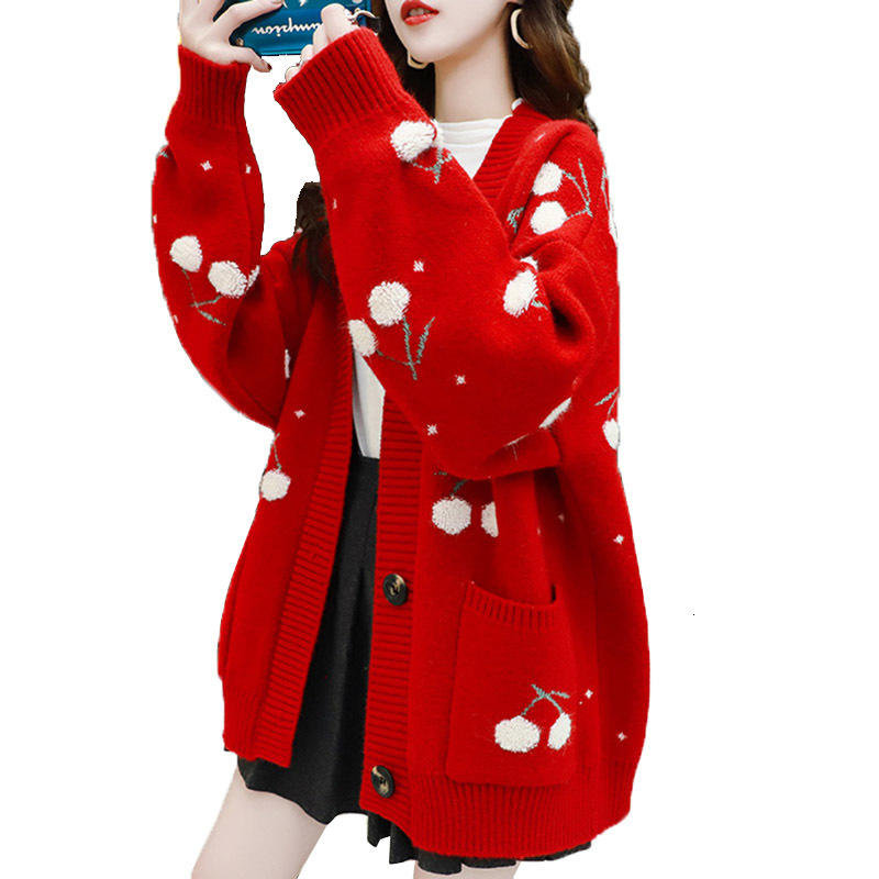 Spring Women Sweater Coat of Knitted or Crocheted Wool 2929, Red.