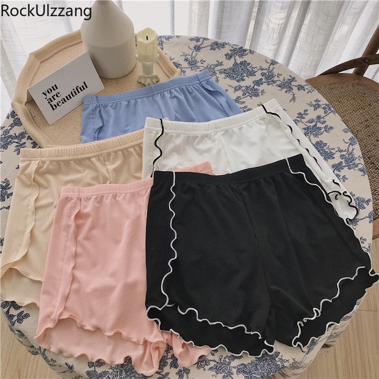 Sexy Elastic High Waist Ruffles Skinny Hot Short Sleep Home Night Lingerie Safety Pant Summer Women Sleepwear Lolita Cute Knit T200602