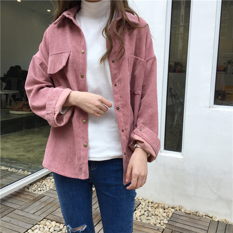 Corduroy Shirt Coat Women Fashion Long Sleeve Preppy Wide Waist Turn Down Collar Crop Jacket Women Harajuku Casual Pocket Jaket T200212