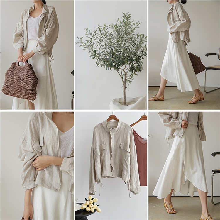 Colorfaith Summer Autumn Women's Jacket Stand Collar Casual Pockets Cargo Cotton and Linen Zipper Short Tops JK8196 201112