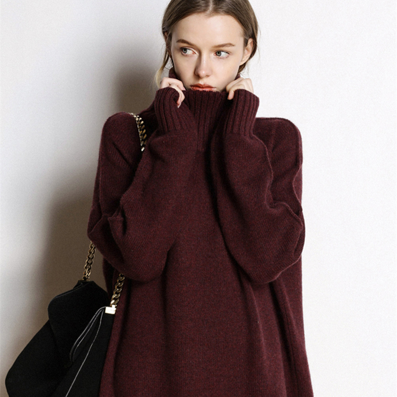 Cashmere sweater women's new high-neck cashmere sweater women's solid color long loose sweater large size knit bottoming shirt 201023