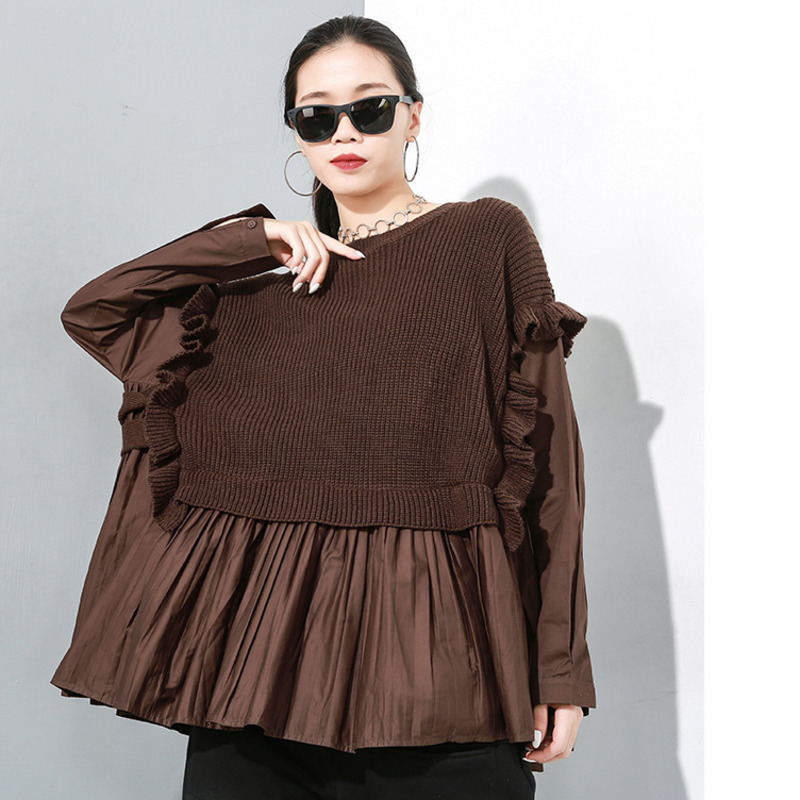LANMREM New Stitching Sets Of Ruffled T-shirt Personality Large Size Round Neck Long-sleeved Bat Shirt Women PC056 201028