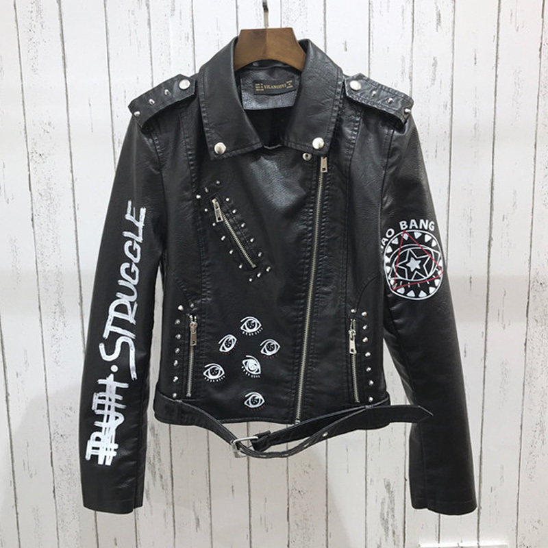Autumn Women Winter Faux Soft Leather Jackets Coats Lady Black PU Rivet Zipper Epaulet 3D print Motorcycle Streetwear 201020