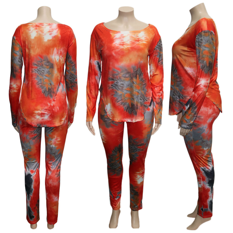 Plus size 3X 4X women bigger size tie dye two piece set fall winter tracksuits pullover sweatshirt+pants casual sportswear sweatsuits 4057