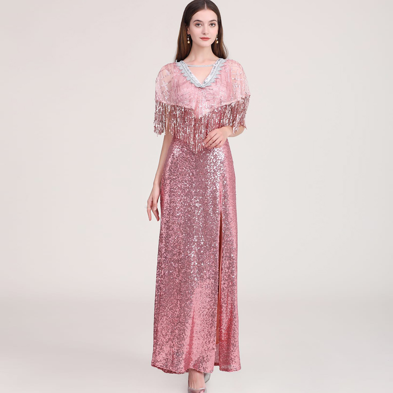 Women's Party Dress Low V Back Cape Detailing Tassels Shinning Split Elegant Long Prom Dresses