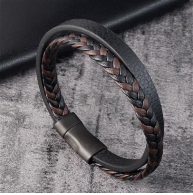 Leather Rope Bracelet Stainless Steel Leather woven Bracelet Black Men's jewelry
