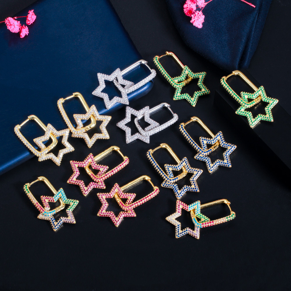 Shining Bling Full Colorful Zircon Hexagonal Dangle Drop Earrings Real Gold Plated Star Earring Jewelry No Fading