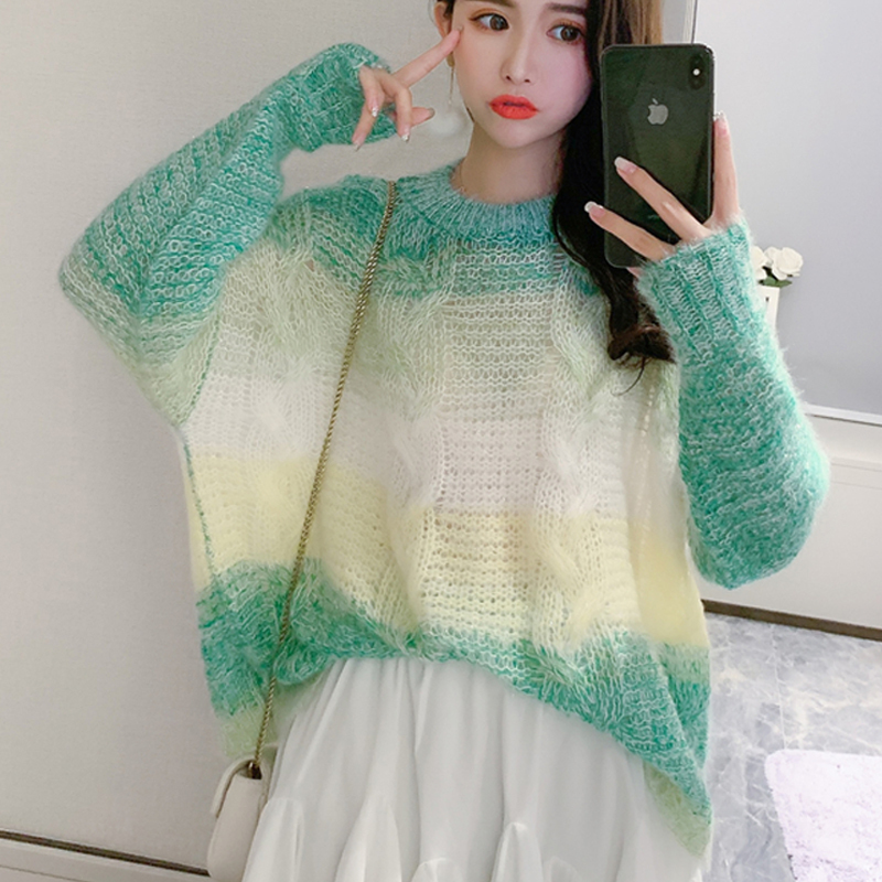 Rainbow Gradient Color Long sleeves Loose Oversized Sweater Spring Knitted Sweaters Thin Women Sweaters And Skirts 1623A 201221