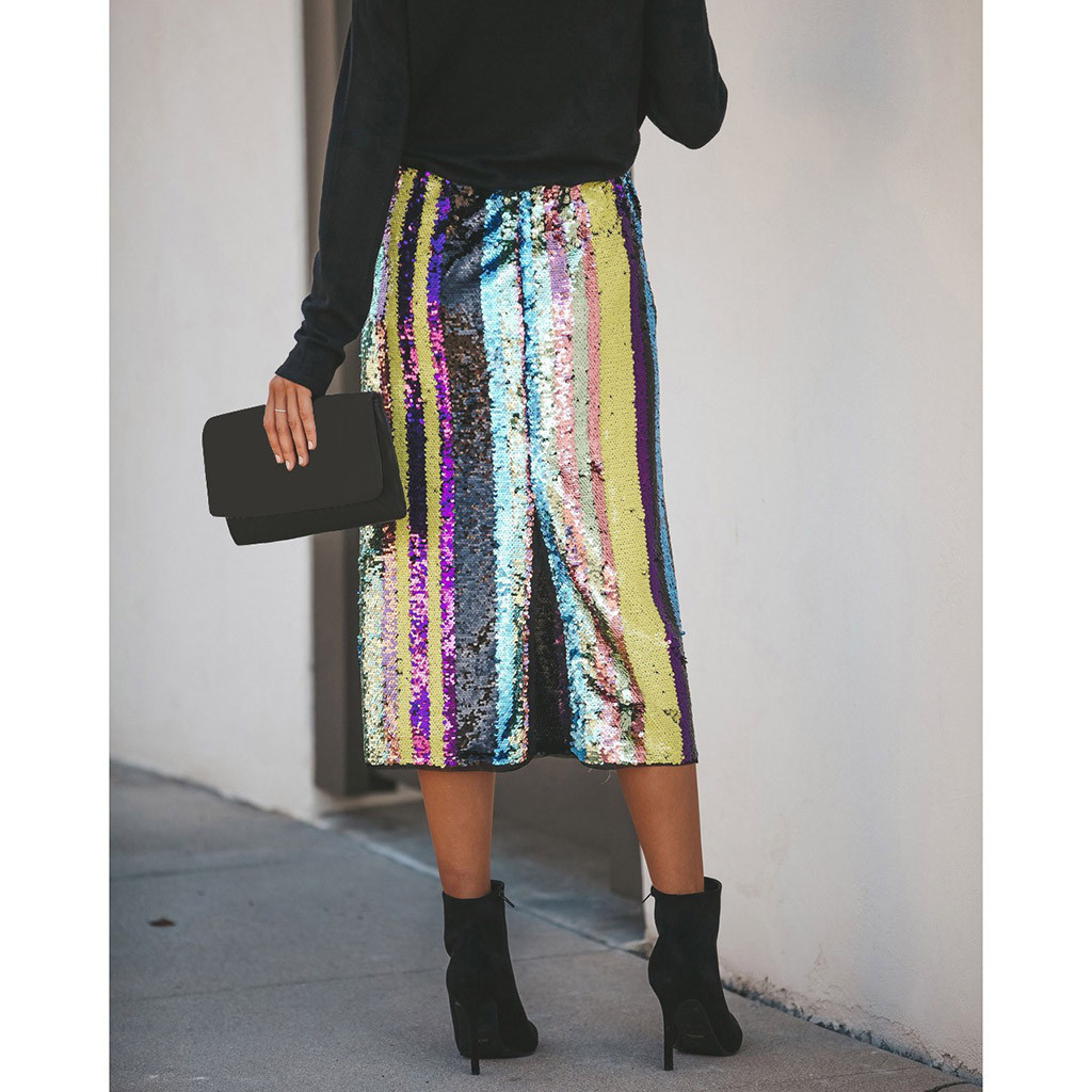 Sexy Striped Patchwork Sequins Split Hem Skirts Womens Fashion High Waist Mid Calf Skirt Elegant Ladies Skirt Faldas Mujer Moda T200324
