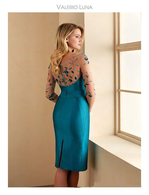 Mother Of The Bride Dresses V Neck Appliqued 3/4 Long Sleeves Wedding Guest Gown Sash Ruffle Knee Length Back Split Mother Gown