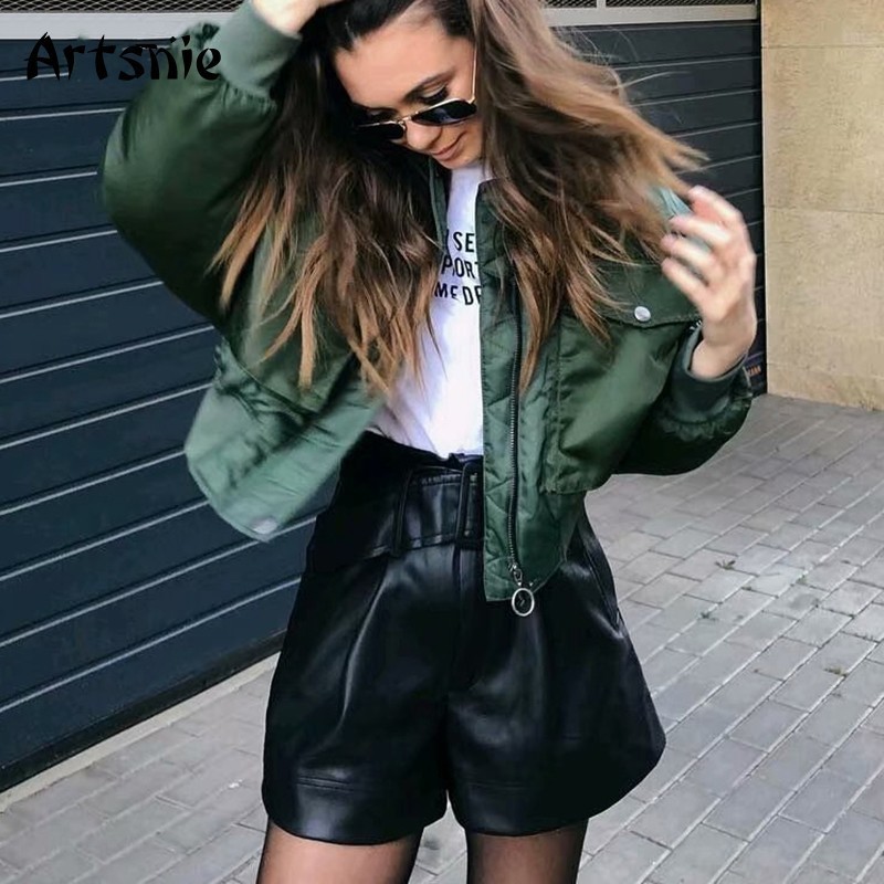Artsnie Autumn Bomber Jacket Women Army Green Warm Zipper Pockets Winter Coat Female Jacket Parkas Femme Chaqueta Mujer 201126